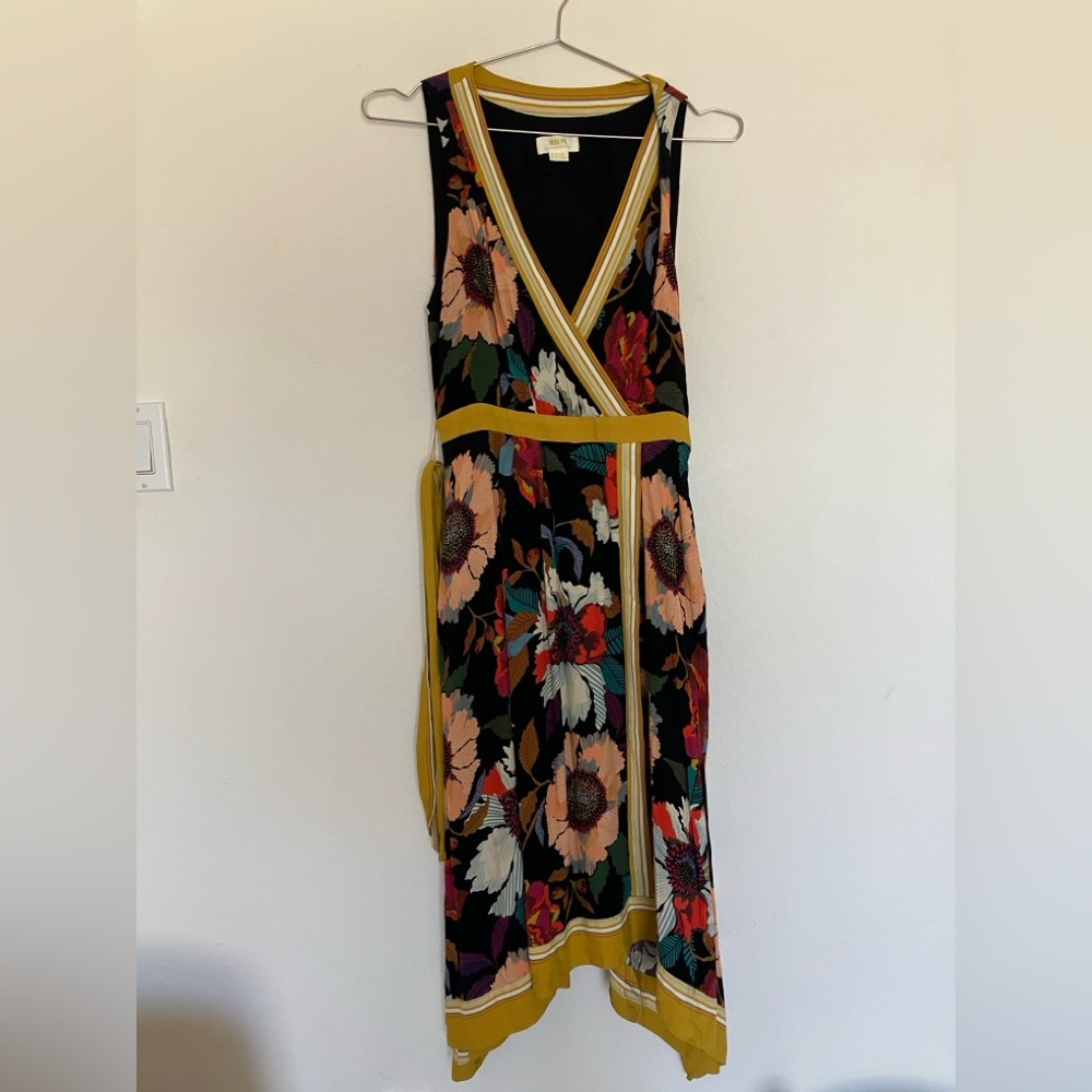 Maeve Anthropologie Botanical Floral Faux Wrap Handkerchief Midi Dress Size 8